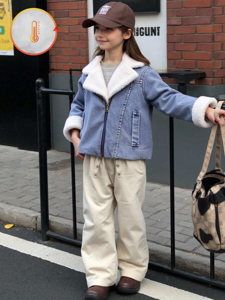 SHEIN 年轻女孩休闲酷蓝牛仔拼布白色保暖内衬保暖夹克，秋冬 - 中等水洗藍 - 查看 1