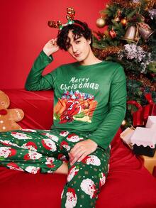 SHEIN Zestaw piżamowy dla mężczyzn w dużych rozmiarach z elementami świątecznymi - Zielony - Zobacz 5