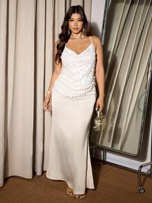 Elaquor 大码女式纯色亮片交叉后背吊带背心 - 杏色 - 查看 7