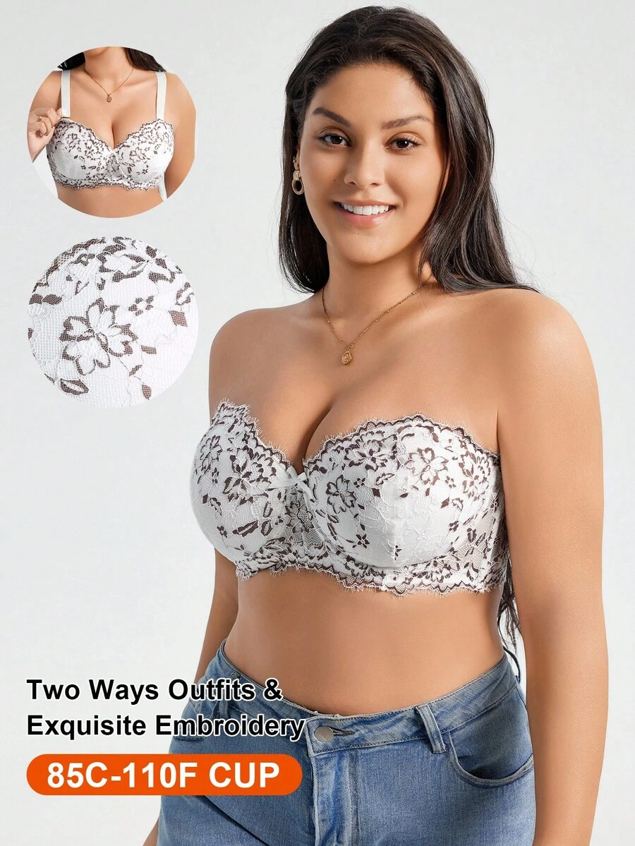 SHEIN 1 件大码女士蕾丝无肩带文胸，带钢圈，时尚，提升 - 彩色 - 查看 1