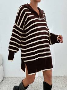 EURMUSE Women Stiped Knit Design Knit Dress With Zipper Detail - Brown - View 6