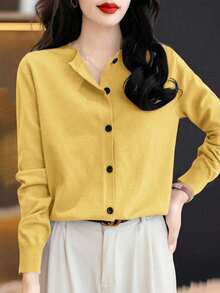 EMERY ROSE Women's Casual Everyday Commute Simple Solid Color Button-Front Cardigan, Autumn - Yellow - View 4