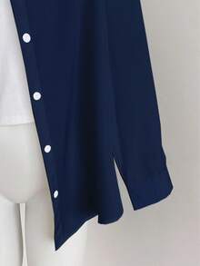 Resyla 女士纯色休闲宽松长袖衬衫 - 藏蓝色 - 查看 3