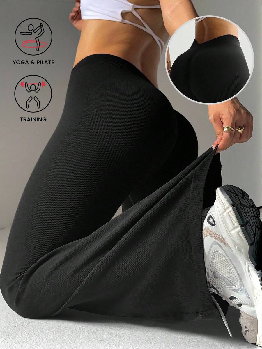 Rhythm Era 1pc Women Plus Size Seamless High Stretch Ribbed V-Back Yoga Fitness Workout Gymnastics Dance Flare Pants Black Flared Leggings Flare Yoga Pants Women Flare Leggings Weight Loss Flare Workout Pants Harley Quin - Black - View 1