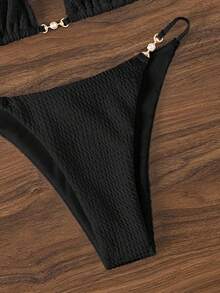 SHEIN Swim Solid Color Textured Backless Halter Neck Two-Piece Bikini Set, Summer Beach - Black - View 4