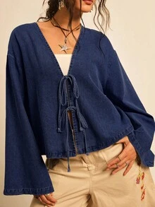 Freevana Áo sơ mi tay loe rộng rãi buộc dây phía trước cỡ lớn, mùa thu - Màu xanh hải quân - Xem 4