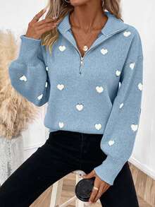EURMUSE Women's Casual Everyday Commute Loose Fit Heart Pattern Drop Shoulder Half Zip Cardigan Sweater, Autumn/Winter - Baby Blue - View 4