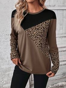 EMERY ROSE Áo thun dài tay rộng họa tiết da báo phong cách đường phố giản dị dành cho nữ, mùa xuân/thu - Cà phê nâu - Xem 5