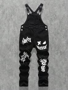 青少年男孩时尚休闲 Y2K 复古酷炫街头返校季学院风笑脸涂鸦图案基础款简约舒适可爱黑色牛仔修身背带裤柔软日常穿着，适合儿童秋冬季锐舞派对、节日和街头服饰。