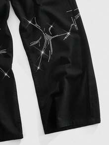 ROMWE MEN Street Life Men's Rhinestone Embellished Pocket Wide Leg Loose Casual Jeans, Grunge - Black - View 6