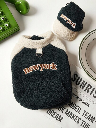 PETSIN 1 件通用宠物服装，适用于猫、狗和猫，秋冬季厚实保暖外套，刺绣纽约色块休闲装