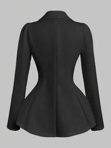 SHEIN Clasi 大码女式优雅办公室通勤尖领双排扣荷叶边下摆西装外套 - 黑色 - 查看 2