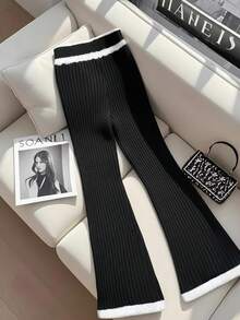 Franclia 女士休闲优雅弹力腰黑色撞色白色滚边拼接毛绒喇叭裤长款秋冬毛衣裤冬季女装秋冬女装秋季女装秋季女装新年女装感恩节派对婚礼优雅休闲奢华优雅时尚休闲通勤商务办公日常休闲百搭气质都市教师职业装