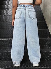 Sparklyn Tween Girls Y2K 休闲百搭破洞宽松阔腿牛仔裤，适合日常城市散步穿着 - 淺色水洗藍 - 查看 2
