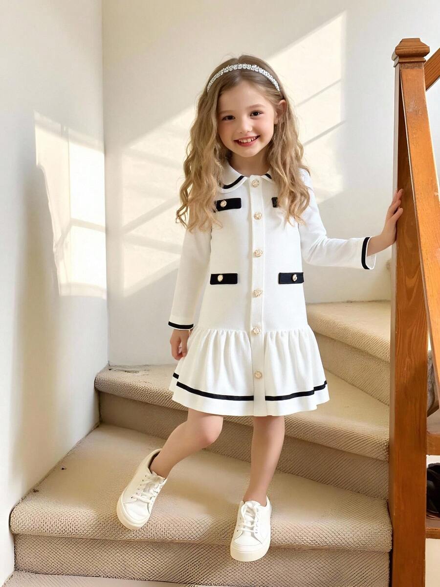 Elladie kids 年轻女孩黑白拼色珍珠纽扣拼布白色下摆连衣裙 - 白色 - 查看 1