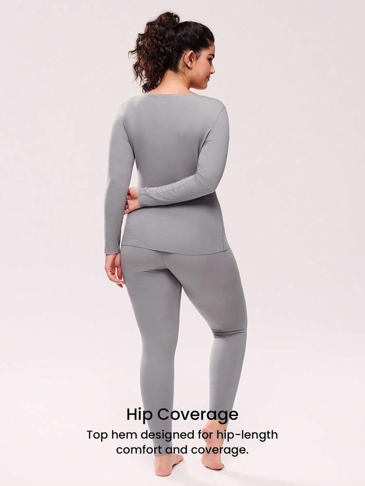 Conjunto de ropa interior térmica para mujer talla grande, ultra suave, capa base para clima frío, pijama de invierno cálido con top de cuello en V y pantalones largos - Conjunto gris oscuro ligero y cálido