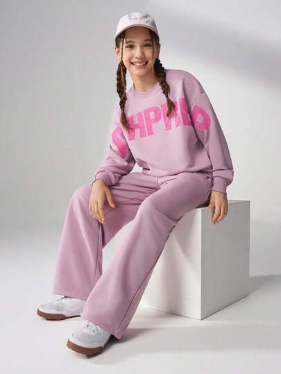 JNSQ Ensemble de 2 pièces pour préadolescentes, pull oversize à col rond à manches longues avec imprimé graphique de lettres, assorti à un pantalon de jogging ample. Convient pour l'automne, l'hiver, le port quotidien, les activités extérieures, les vacances, le streetwear, les fêtes et les tenues décontractées