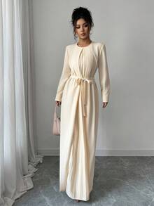 SHEIN Elenzya Elegant Romantic Pleated A-Line Long Sleeve Round Neck Dress For Women