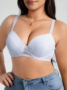 SHEIN 1 pieza Sujetador con aros de encaje francés romántico y cómodo para mujer de talla grande con diseño minimalista - Blanco - Ver 8