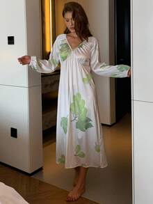 DAZY Women's V-Neck Ruched Waist Grape Pattern Nightgown Sleepwear Dress, For Fall Pajama - Green - View 3