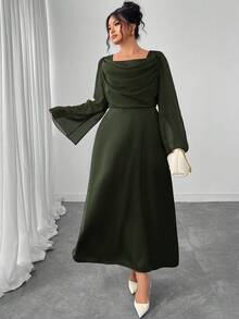 Modelyn Vestido de línea A de manga larga con cintura ceñida y patchwork de tallas grandes - Verde - Ver 4