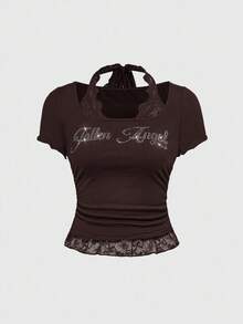 ROMWE Grunge Punk Punk Bro Letter Rhinestone & Lace Patchwork Slim Fit Crew Neck Women T-Shirt - Brown - View 5