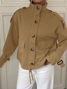 SHEIN EZwear Áo khoác trench coat ngắn giản dị, thời trang rộng rãi, đa năng, có khóa kéo, màu nâu, quần áo thu đông dành cho nữ - Màu Khaki - Xem 7