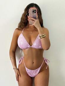 SHEIN Swim 閃閃發光亮片比基尼套裝微三角形文胸和丁字褲下裝2入組泳衣 - 粉色 - 查看 3