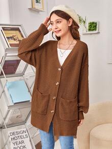 SHEIN Cardigan Sweater Lengan Panjang Leher V Warna Polos untuk Anak Perempuan Remaja, Serbaguna untuk Pakaian Kasual, Sekolah, Musim Gugur dan Musim Dingin - Coklat - View 5