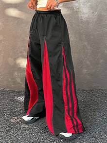 Coolane Kids 少女秋冬季，Y2K街头风，嘻哈运动装，保暖/防寒/保暖，舒适的黑红配色拉链设计宽松高腰直筒阔腿运动裤，圣诞节，新年服装 - 黑色 - 查看 3