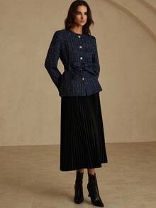 Aveloria بليزر نسائي بياقة مستديرة وأكمام طويلة وكتف محشو ومزين بالخرز والتويد مع حزام - متعدد الألوان - مشاهدة 5