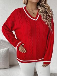 EMERY ROSE Plus Size Women Red & White Striped Knit Sweater, Casual Pullover Sweater Suitable For Christmas, Halloween, Back To School Season, Autumn/Winter