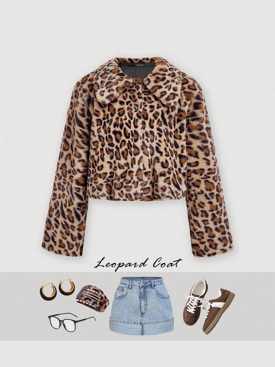 SHEIN MOD 女式长袖单排扣时尚豹纹仿皮草夹克 - 彩色 - 查看 1