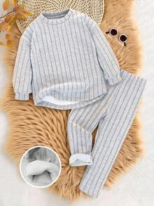 Completo di maglietta a maniche corte con spalle scoperte e orlo curvo e leggings a costine, set termico imbottito per autunno/inverno, comodo e caldo per uso interno ed esterno per ragazze