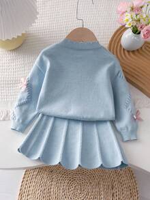 Souflis Souflis 女婴蝴蝶结装饰长袖针织开衫和针织裙两件套 - 淺藍色 - 查看 2