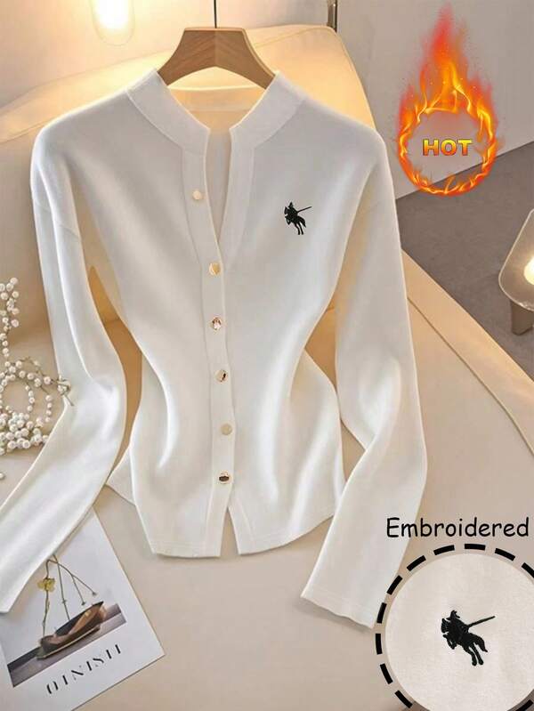 GlowEve Camiseta casual de mujer con botones bordados y forro térmico, otoño/invierno