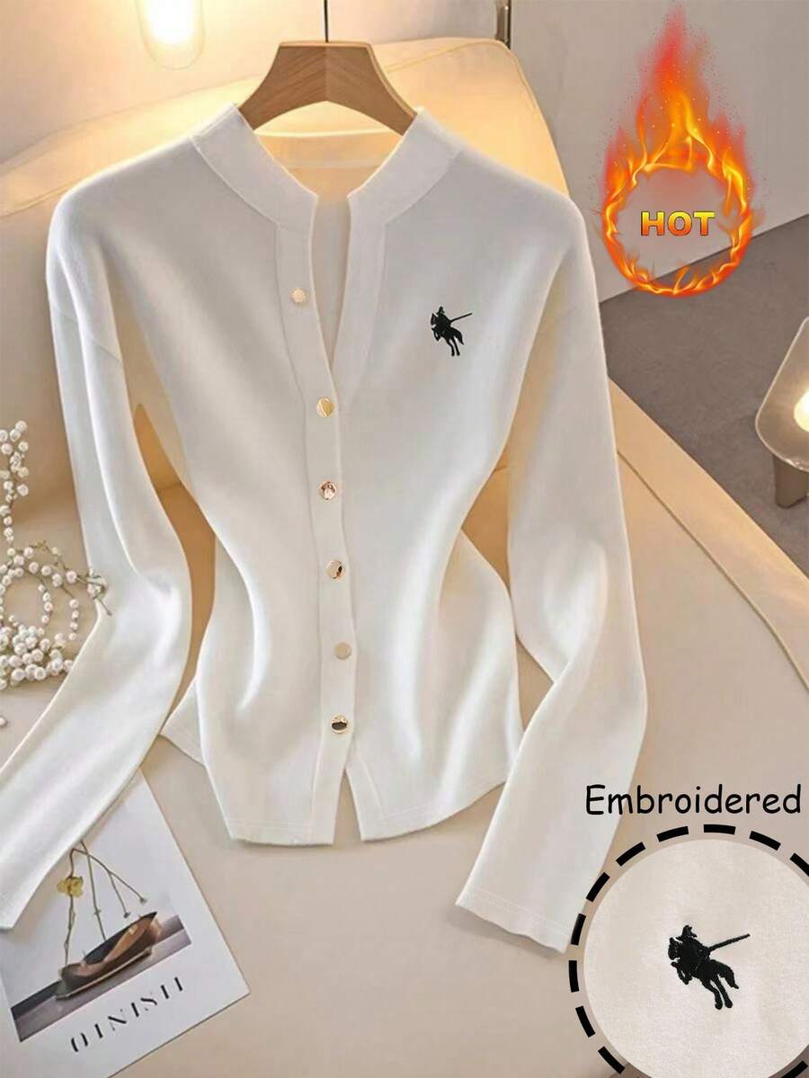 GlowEve 女式休闲刺绣纽扣T恤，带保暖衬里，秋冬 - 白色 - 查看 1