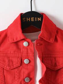 SHEIN 2件套幼儿男童红色牛仔翻领长袖夹克和裤子套装 - 紅色 - 查看 6