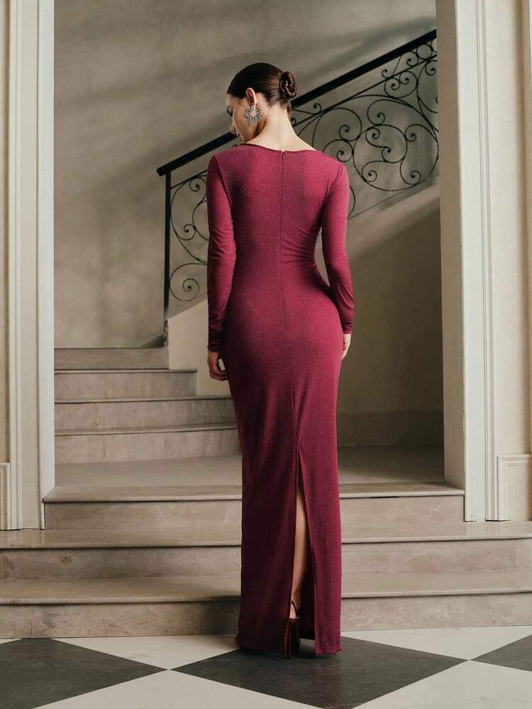 Deep V-Neck Twist Knot High Slit Long Sleeve Dress