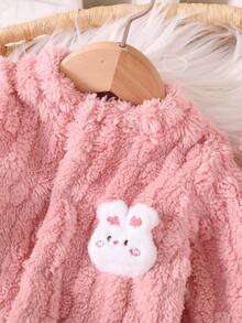 SHEIN 2 件新生儿杏色毛绒泡泡绒 3D 兔子长袖连帽连体衣套装 - 粉色 - 查看 4