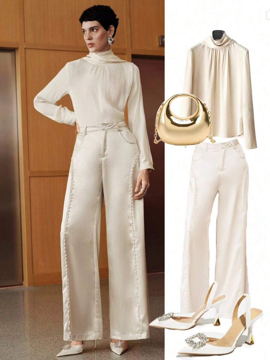 Calças largas de cetim minimalista Uhlyne com patchwork de borlas de pérolas, calças largas de cetim com caimento relaxado e estilo vintage luxuoso, calças compridas femininas da moda para festa de aniversário - Damasco - Ver 1
