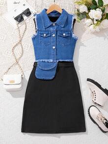 SHEIN Tween Girls' Black Denim Vest & Knitted Dress Two Pieces Set With A Bag
