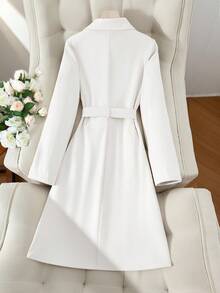 SHEIN PETITE Áo khoác nữ dáng dài vừa phải chất liệu da lộn giả trơn màu thanh lịch - trắng - Xem 2