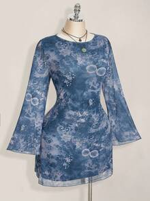 SHEIN ICON 大码女装秋季连衣裙，女士长袖连衣裙，Y2k 复古佩斯利网眼喇叭袖性感节日连衣裙，适合日常穿着 - 藍色 - 查看 5