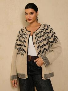 Travachic Christmas Vintage Style Wheat Jacquard Knit Cardigan For Women, Loose Fit, Versatile, Autumn/Winter New Arrival