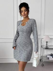Modelyn Elegant Vintage French Style Women's Striped Metal Chain Linked Long Sleeve Dress - Multicolor - View 5
