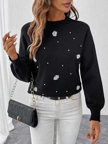 EMERY ROSE Floral Pattern Raglan Sleeve Sweater Fall Winter Cloth For Women - Black - View 4