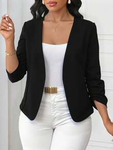 SHEIN Lady Women's Elegant Open Front Pleated Long Sleeve Black Jacket, Versatile Fall Women Outfits Fall Clothes For Women Autumn Outfits For Women - Black - View 6