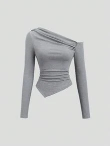 Sweetra 女士新款斜肩褶皱长袖不对称下摆上衣和休闲裤简约优雅两件套，适合通勤和休闲穿着 - 深灰色 - 查看 3