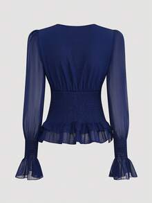 GlowEve Women's Shirred Ruffle Hem Cinched Waist Blouse - Navy Blue - View 2